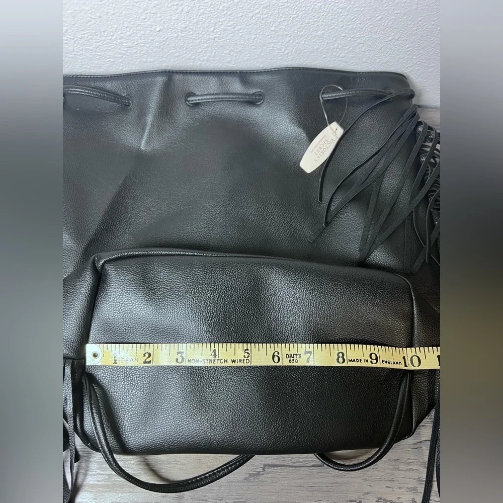 VICTORIA'S SECRET Black Faux Leather Fringe Drawstring Bucket Backpack NWT tags - Picture 8 of 11